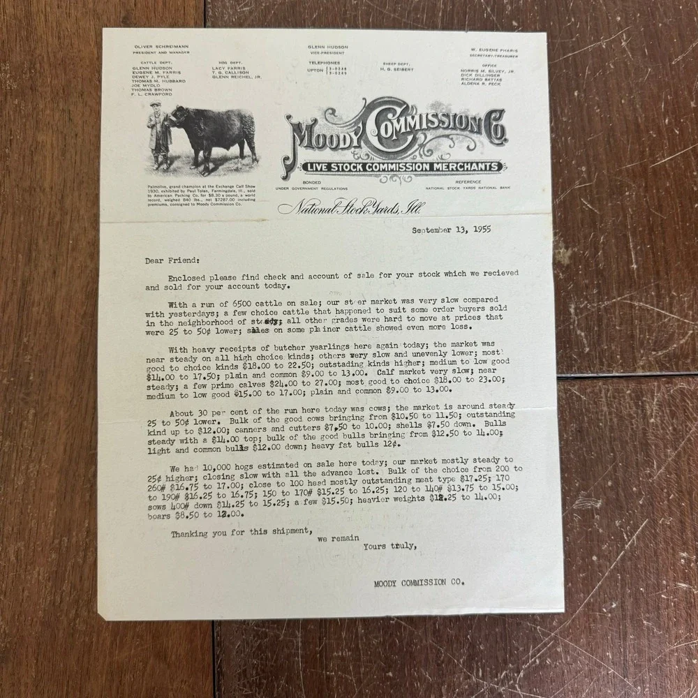 Vintage 1955 Moody Commission Co Livestock Letter‎ National Stock Yards Illinois